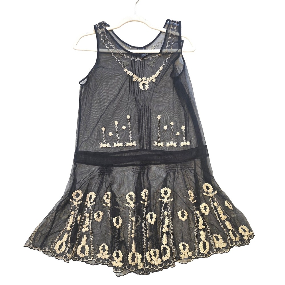 Lithe Anthropologie Black Mesh Embroidered Drop Waist Flapper Dress Womens 12